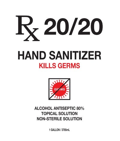 RX 20-20 Hand Sanitizer Label Front.jpg 3785 mL front label - RX 20 20 Hand Sanitizer Label Front